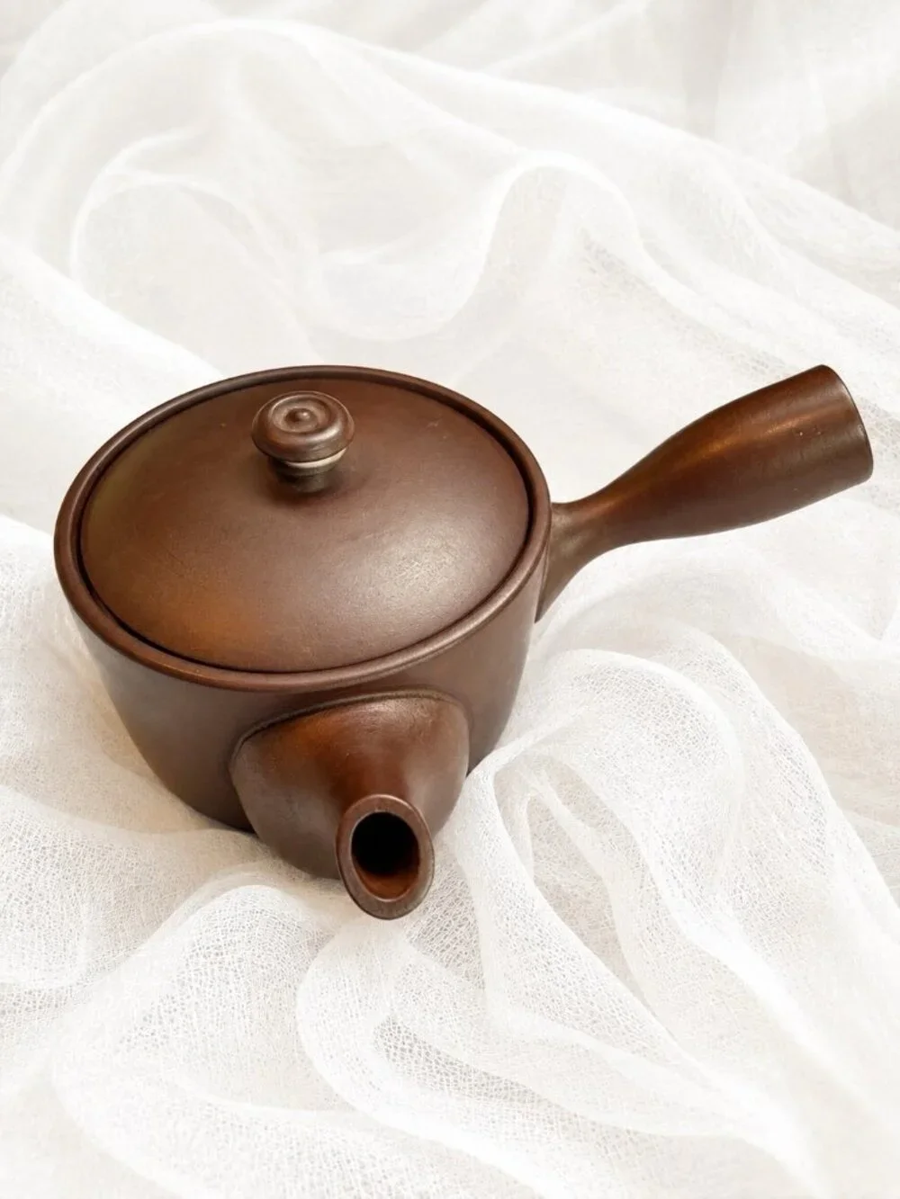 Japanese Brown Stoneware Kyusu Side Handle Teapot Mesh Strainer 6” Wide